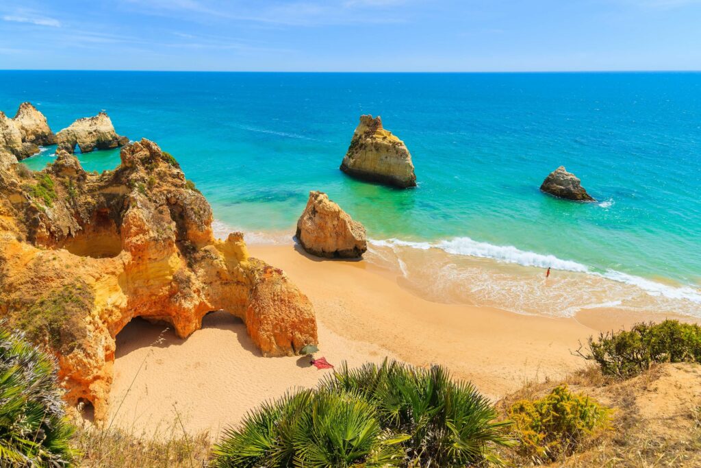 Photo of a beach on the Algarve coast popular with British holiday makers.