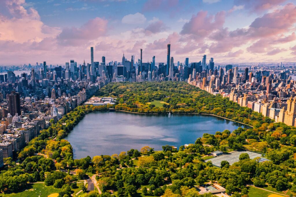 Aerial view of Central Park in New York City, a perfect destination for travel enthusiasts or holiday getaways wanting to feel the intense New York city vibe.