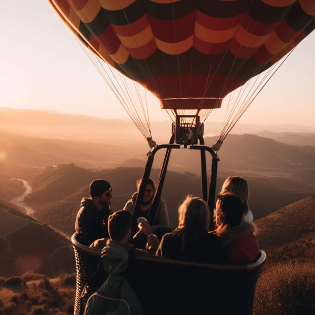 A group of people happily standing inside the basked of a hot air balloon at sunset while on a trip abroad.