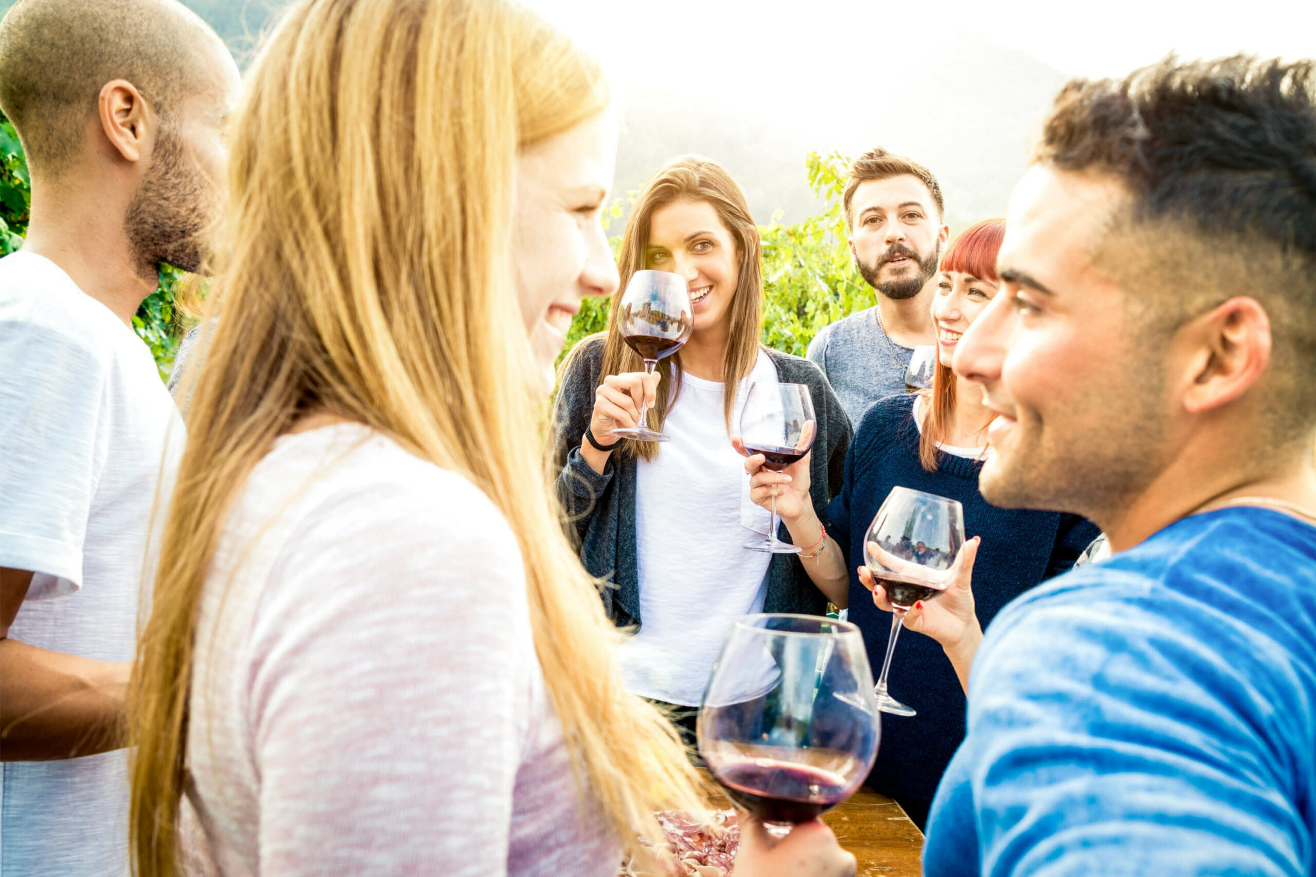 A group of people enjoying wine in a vineyard during their holiday in Barcelona.