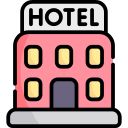 An icon showing a red hotel building and entrance.