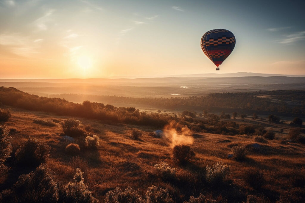 Photo of a hot air balloon seen from a distance during sunset.