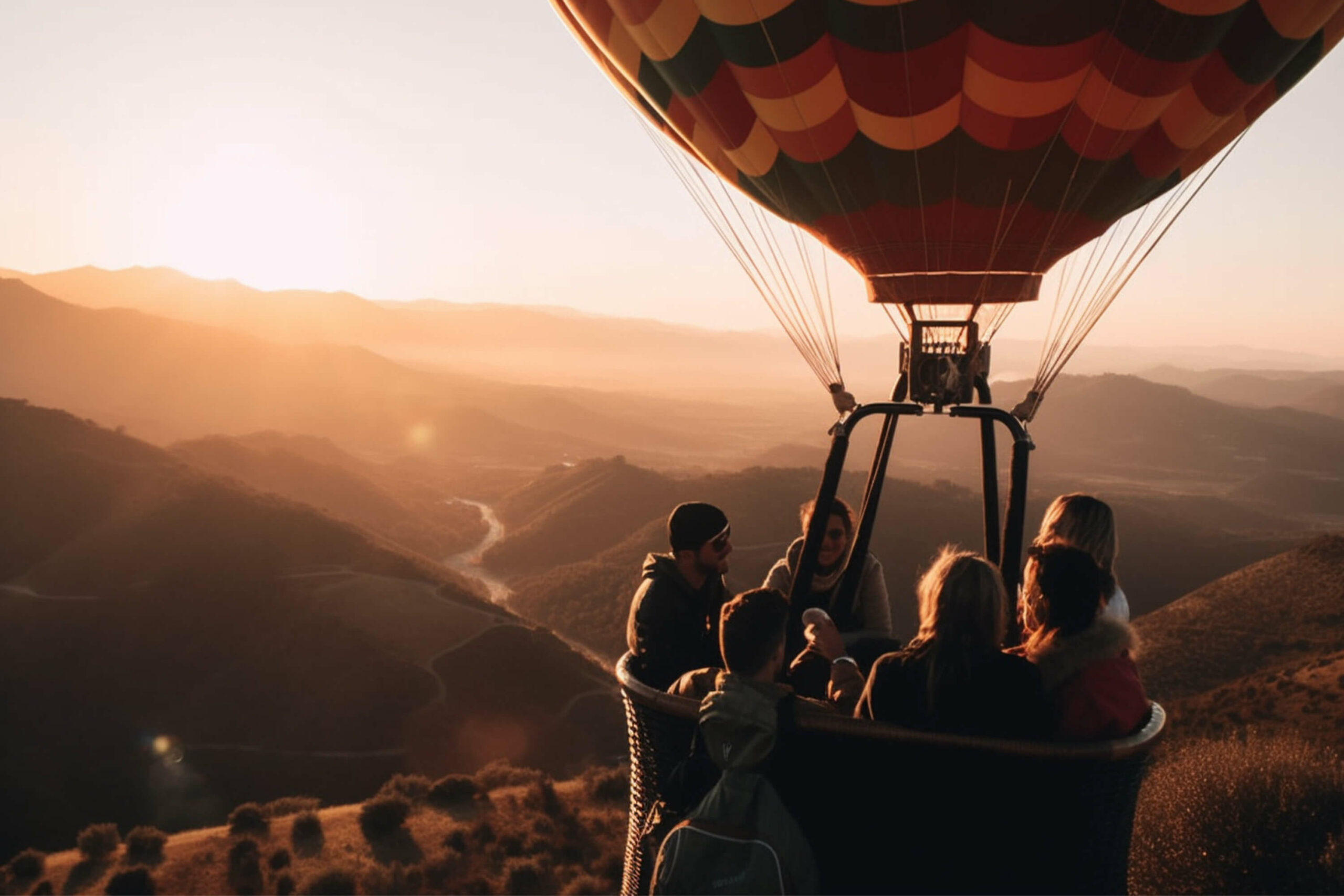 A group of people enjoying a scenic view from a hot air balloon during their holiday in Mallorca, Spain.