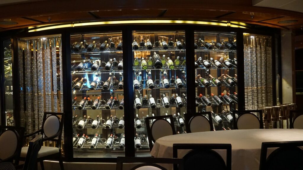 A photo from the Equinox cruise ship showing the wine selection available onboard.