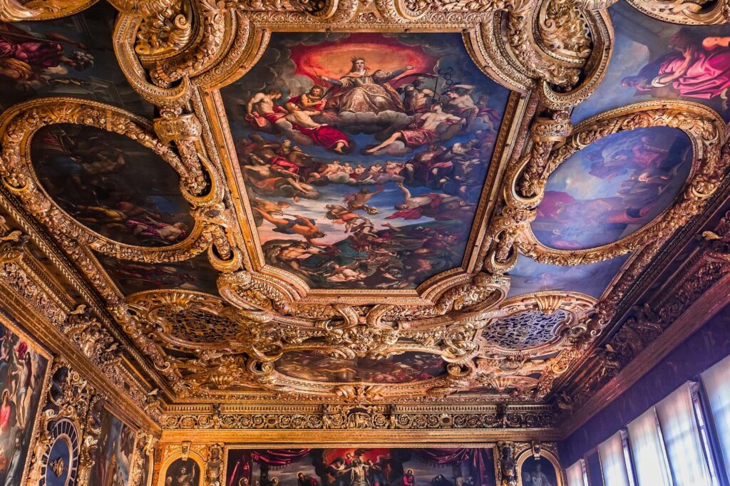 A photo of the ceiling from inside the Grand Council chamber in Doge's Palace in Venice, Italy.