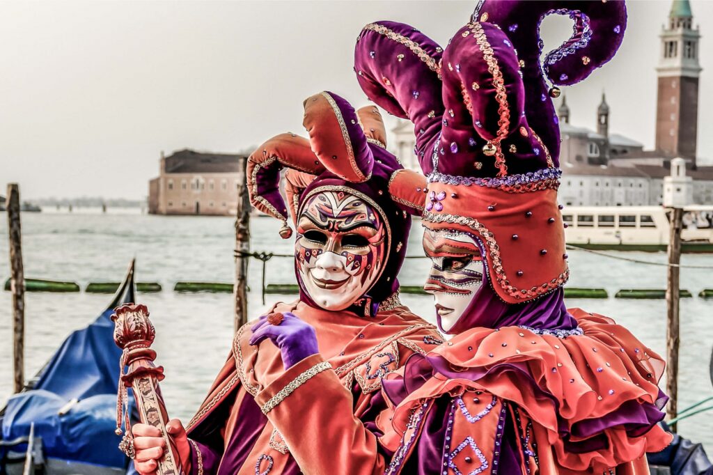 Photo of Venetian costumed carnival tour actors.