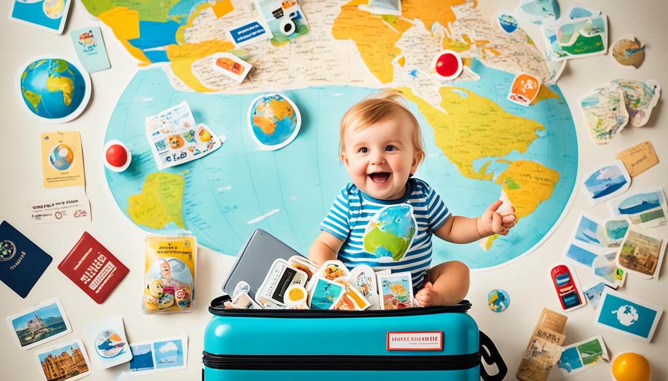 An adorable toddler sitting on top of a blue suitcase, ready to travel.