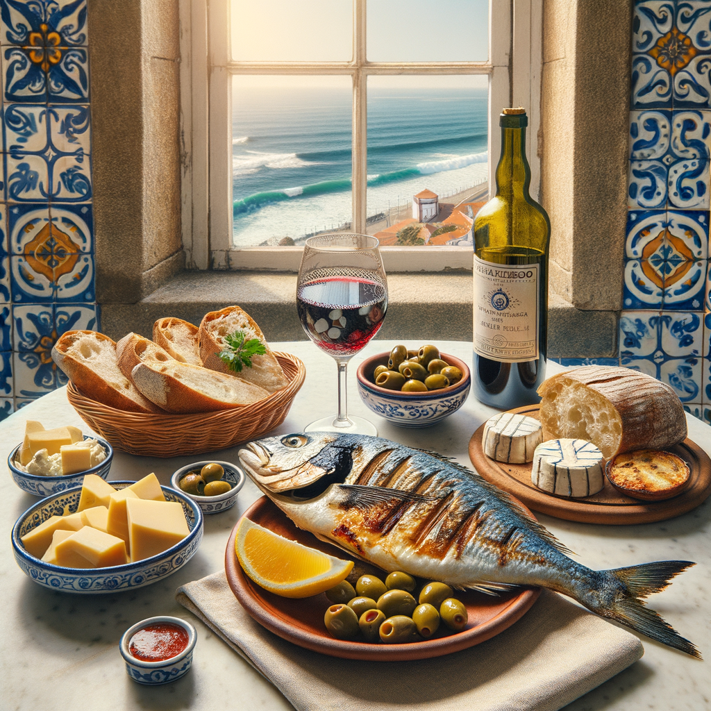 table of portuguese typical tapas; cheese, bread, olives, girlled fish and red wine