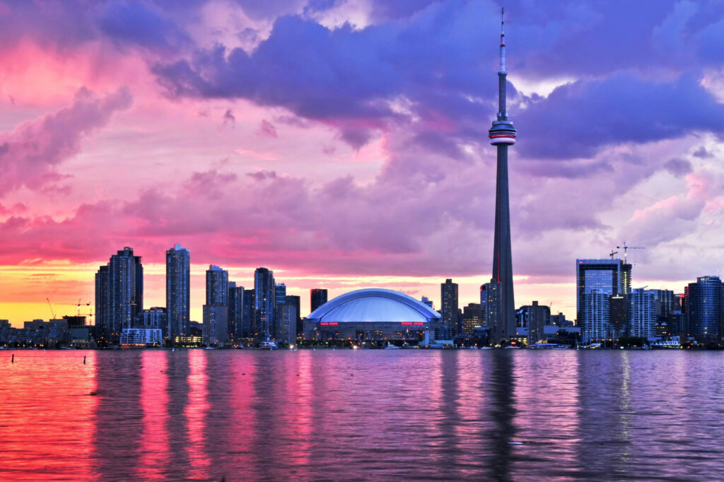 Purple sky over Toronto's CN tower.