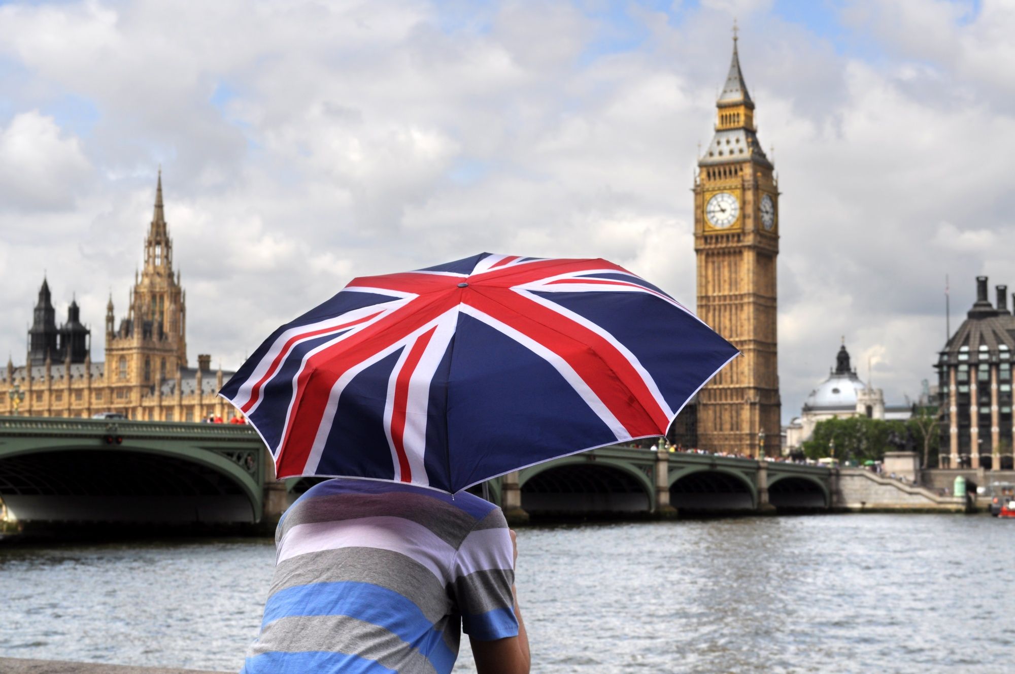 A person holding an umbrella with the British flag on it in front of Big Ben in London.