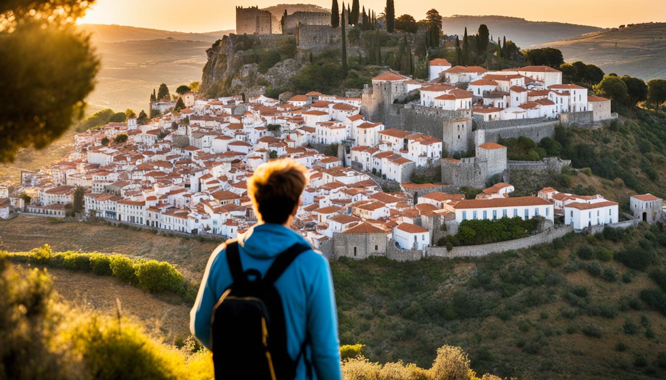 A man with a backpack is standing on top of a hill overlooking a village in Portugal, off the beaten path.