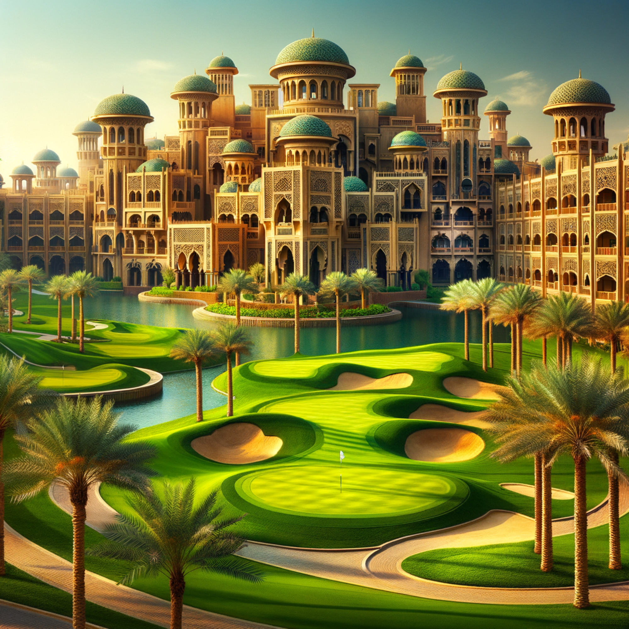 Golf course surrounded by Arabic architecture and palm trees