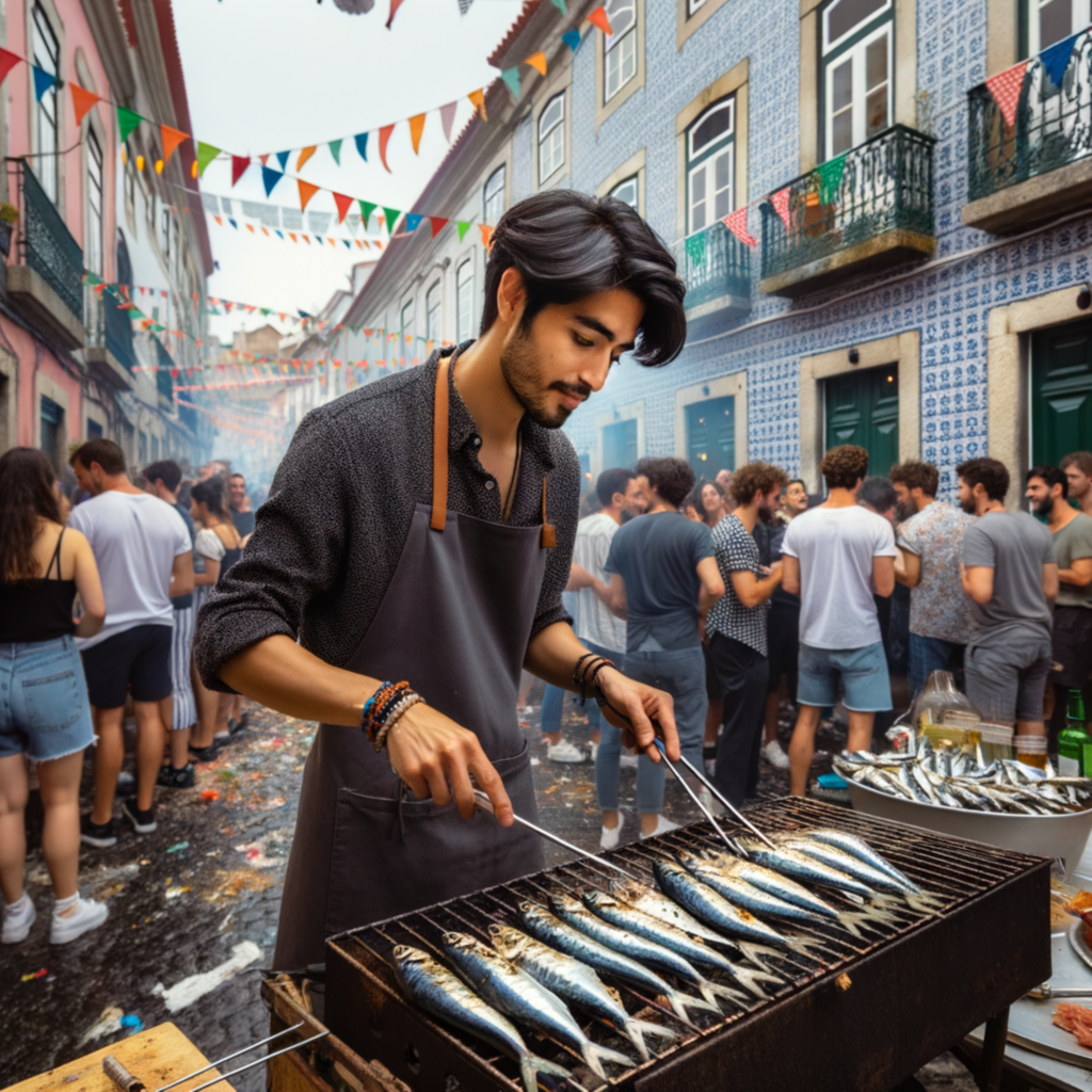 man grilling sardines in a street party in Alfama