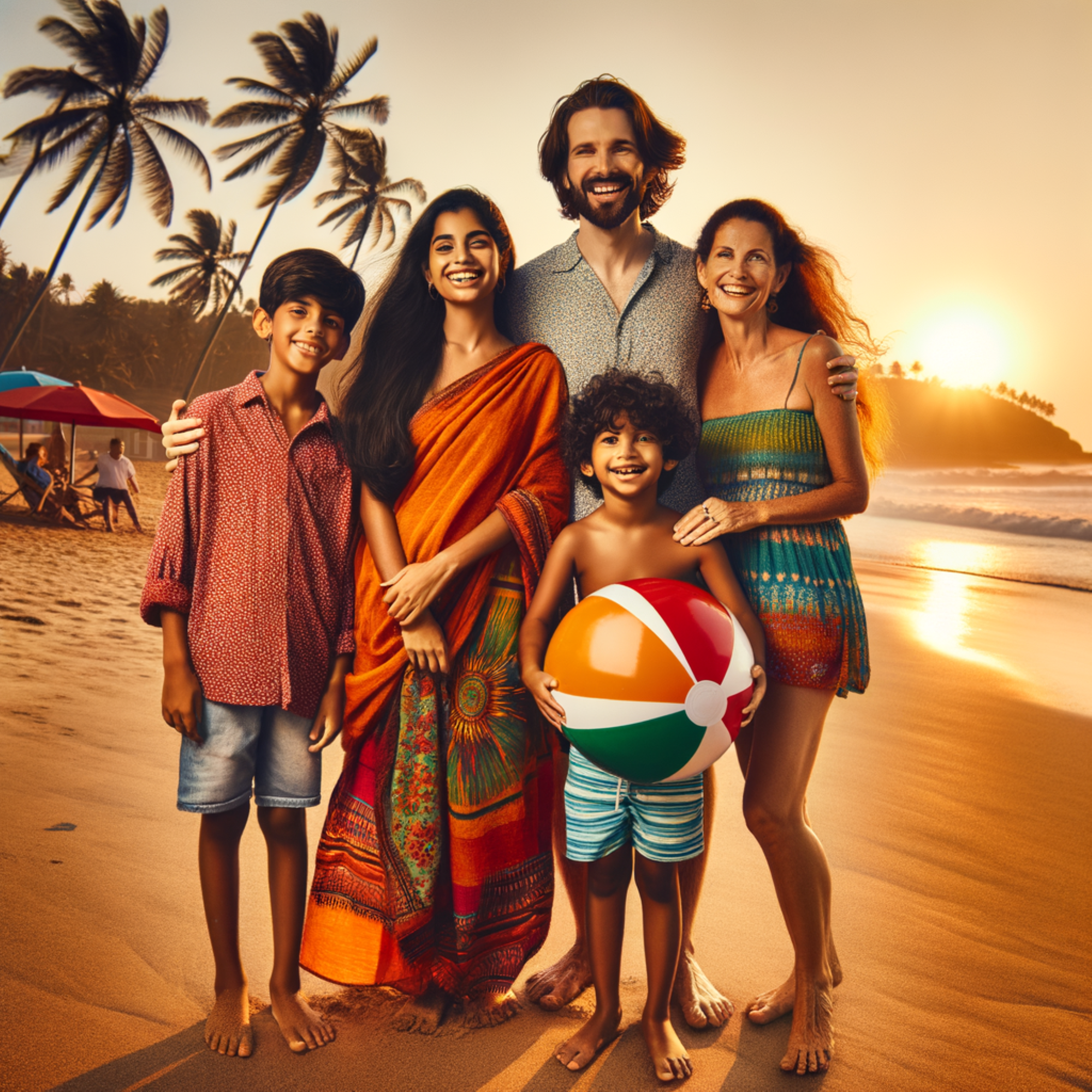 family having fun on a beach in Goa, surrounded by exotic palm trees and a beautiful golden sunset
