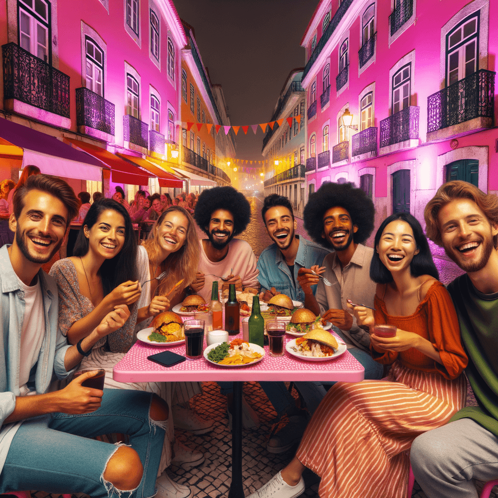 friends smiling while dining outside in a pink street coloured with neon lights