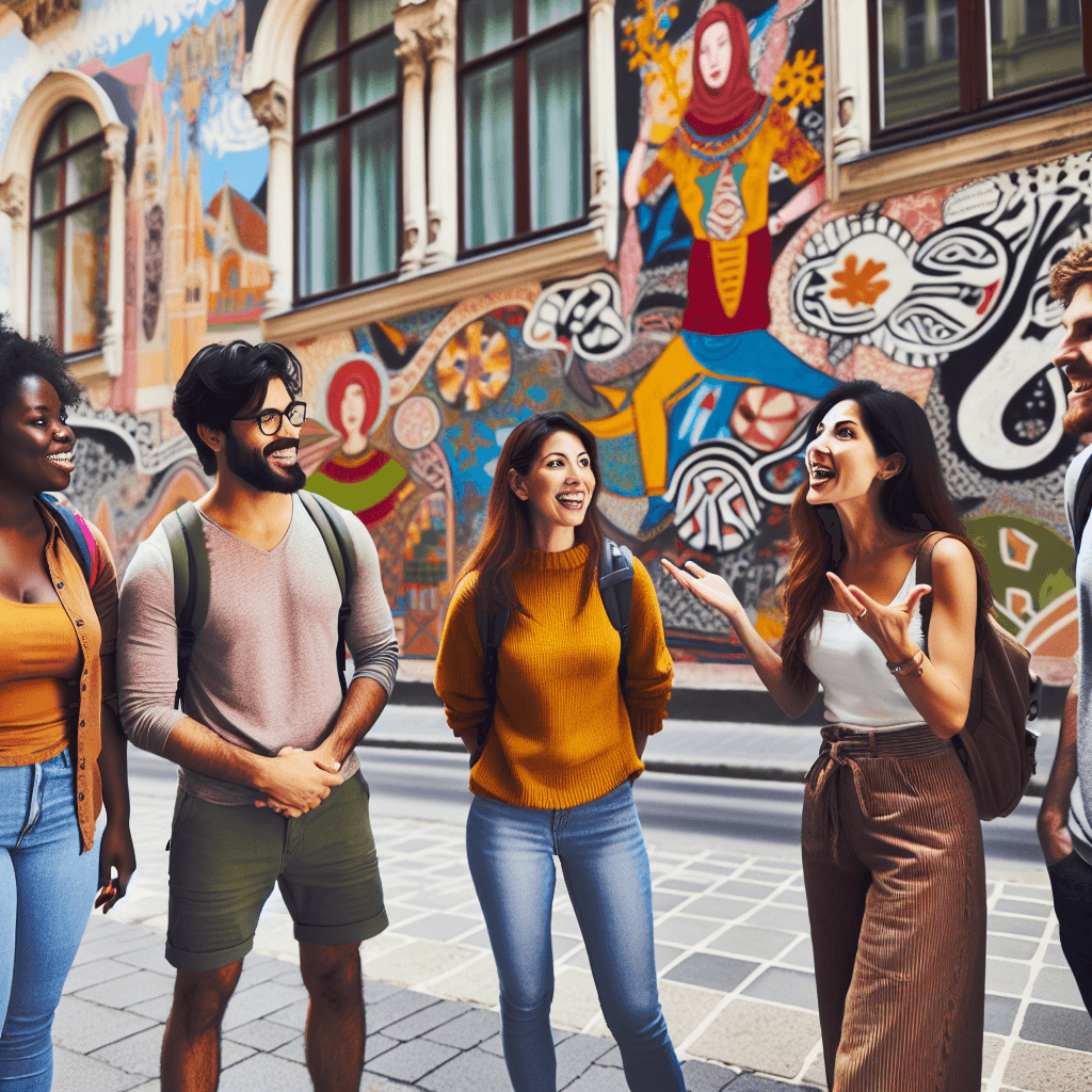 group of happy smiling people listening to an enthusiastic local guide in a street surrounded by walls with street art drawn on them