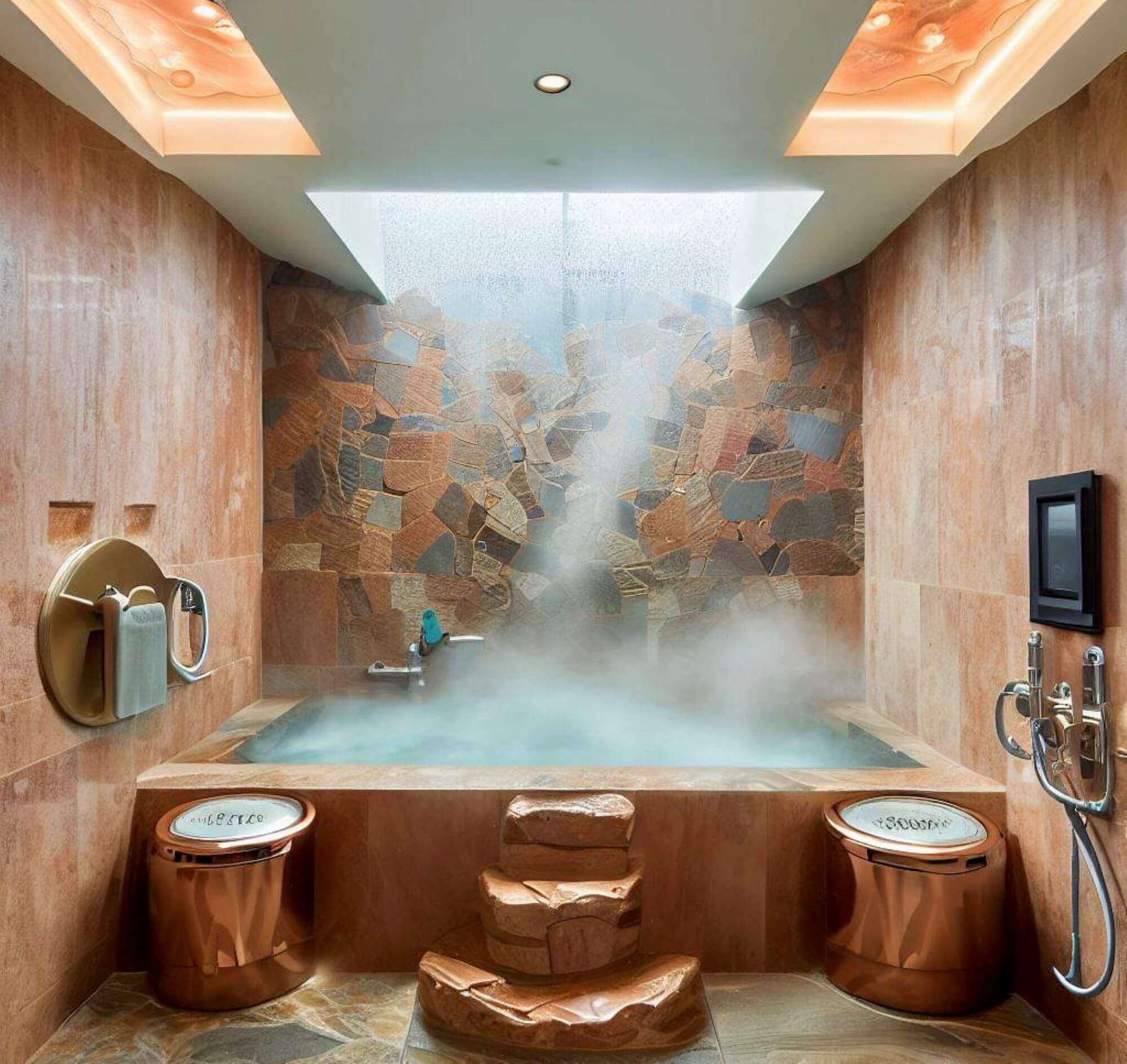 steaming sauna bath tub carved in wood , with wooden walls and decor