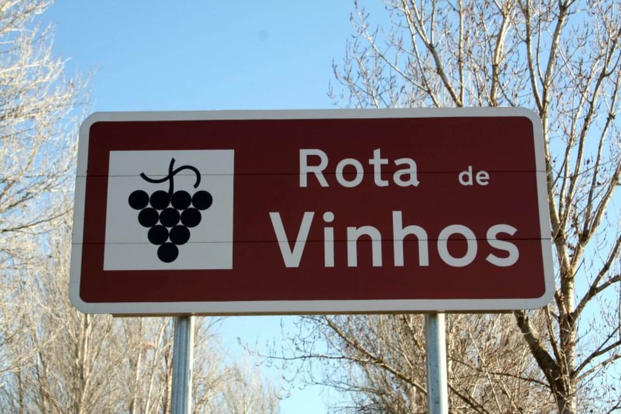 road sign indicating where to go for visiting vineyards and identifying a wine region, with grapes drawn in it.